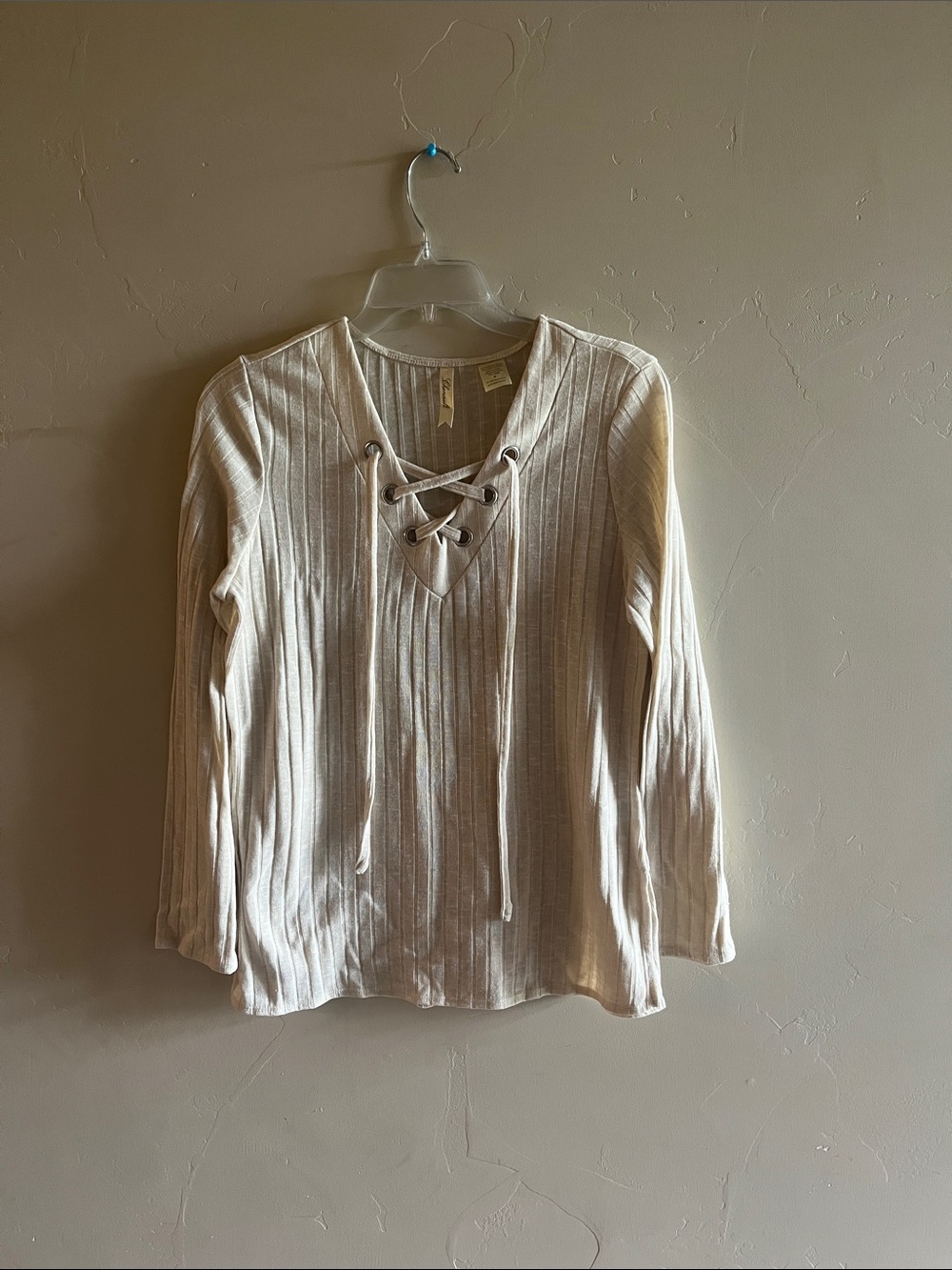 Chenault Cream Ribbed Lace-Up Long Sleeve Top